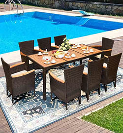 A poolside dining setup with wicker furniture, showcasing RES Group's outdoor lifestyle solutions for luxurious retreats
