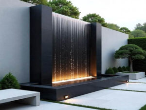 A sleek static waterfall fountain, constructed and designed by RES Group, adding modern elegance to outdoor areas.