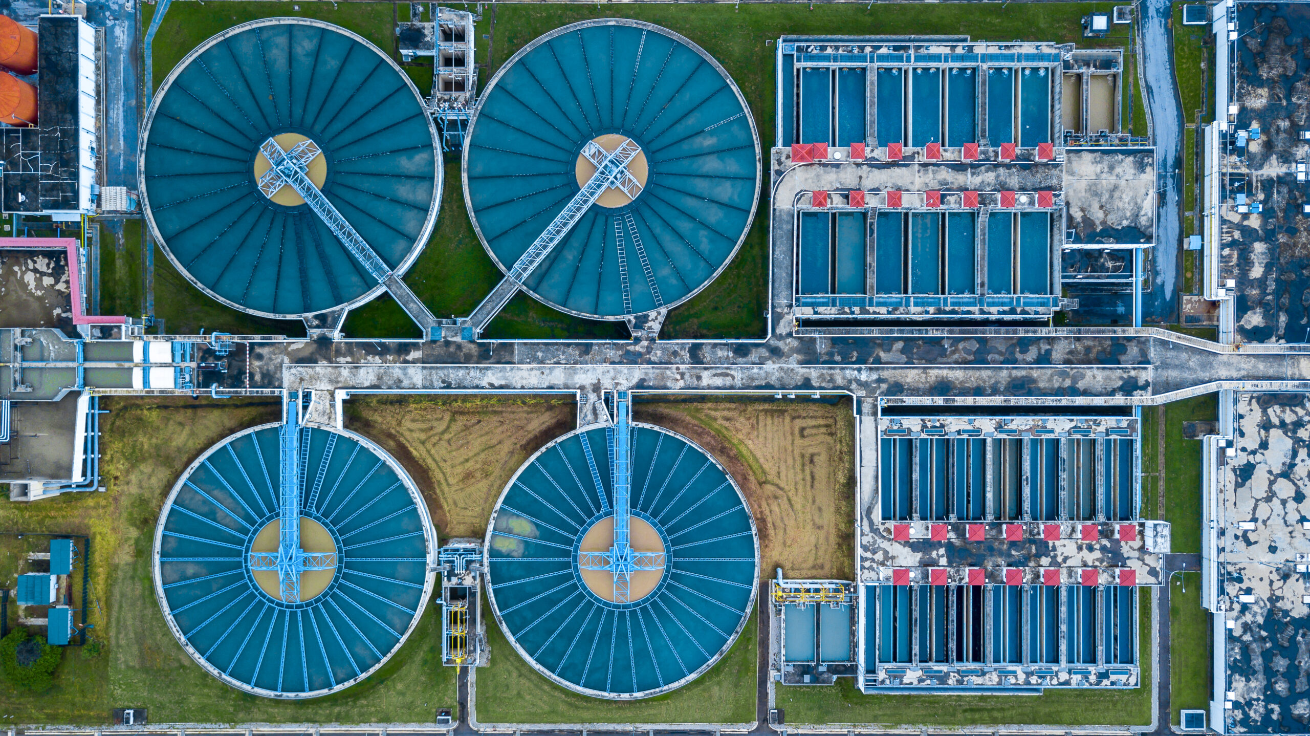 Aerial view of sewage water treatment plant, Purification process water cleaning facility wastewater treatment plant, Water treatment plant recycling plant, Recirculation solid contact clarifier.