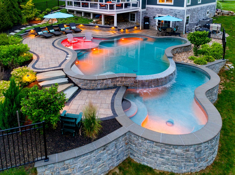 A multi-level pool with varying depths for versatility.