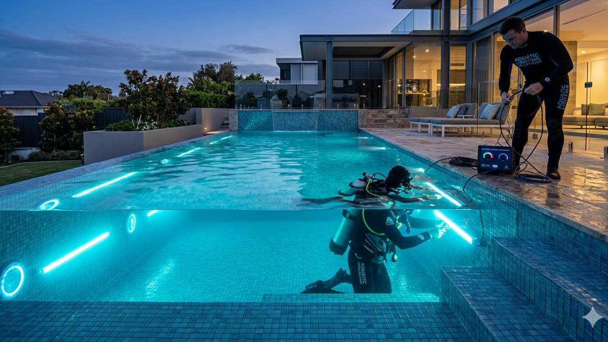 Professional underwater lighting installation in modern swimming pool with waterproof LED fixtures and smart illumination system
