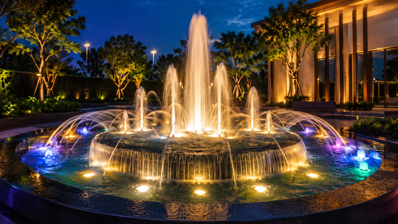 Professional Fountain Lighting Solutions for elegant illuminated outdoor water fountain