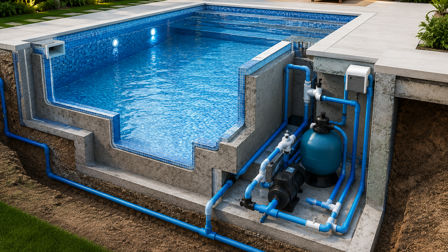 Parts of a Swimming Pool with pump, filter, and plumbing
