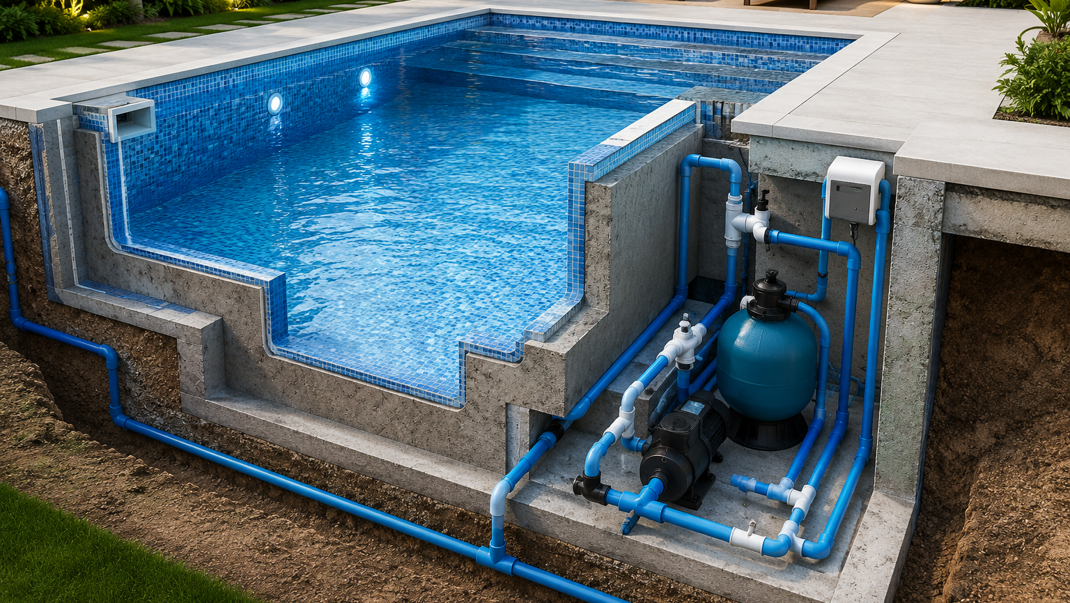 Parts of a Swimming Pool with pump, filter, and plumbing